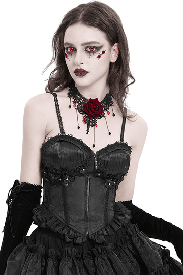 Black Lace-Up Corset with Floral Accents and Ruffle Trim